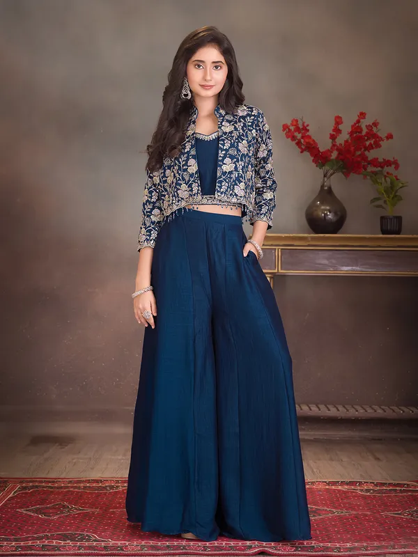 Navy silk jacket style palazzo attire