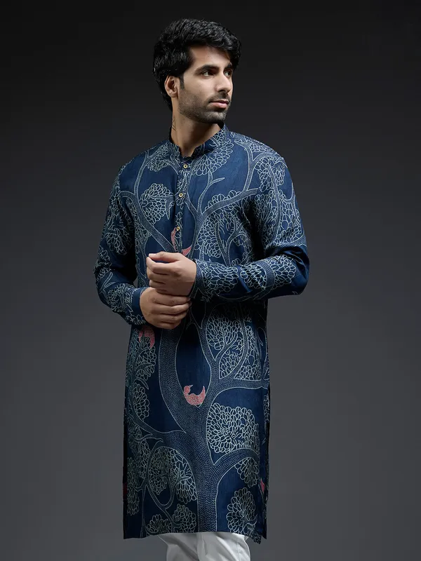 Navy silk kurta suit in tree printed design for men