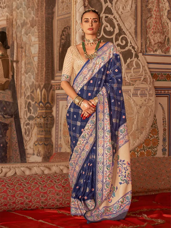 Navy silk peinted saree for wedding