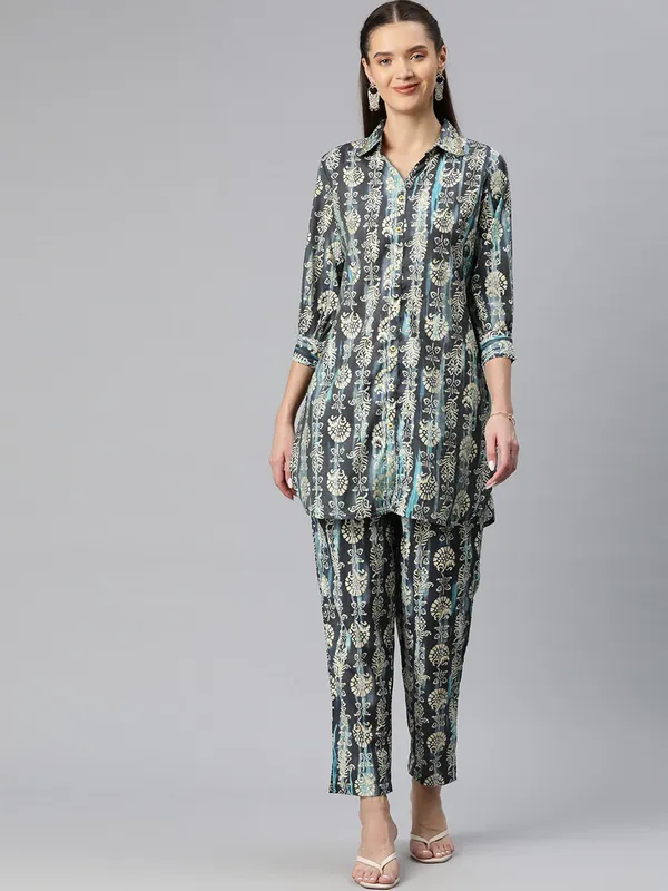 Navy silk printed co-ord set for women