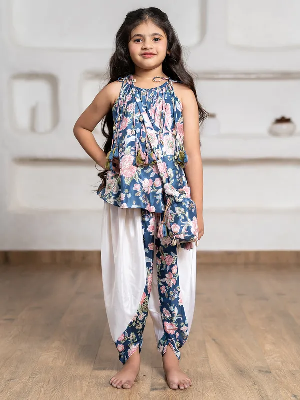 Navy silk printed dhoti suit for girls