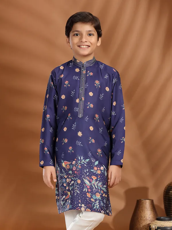 Navy silk printed kurta suit with zari work