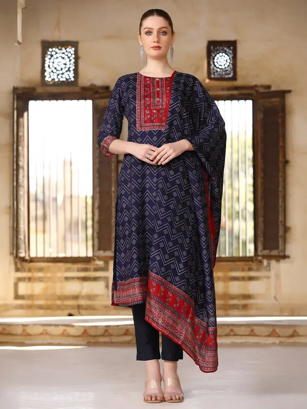 Navy silk printed kurti set for women