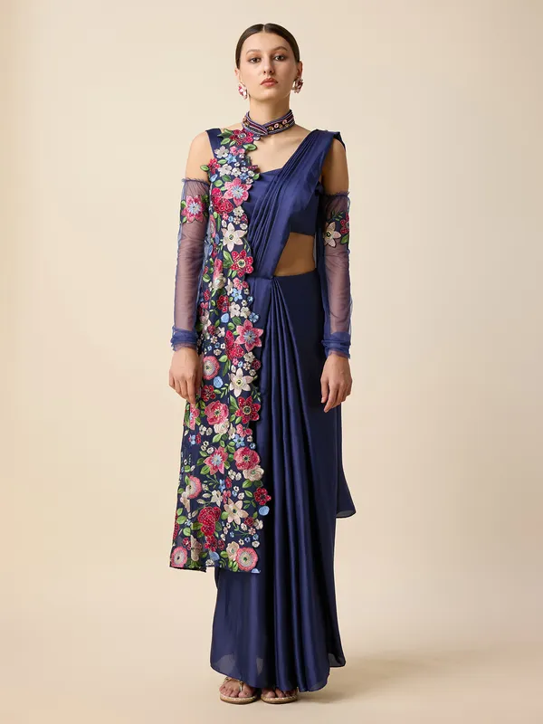 Navy silk ready pleated saree