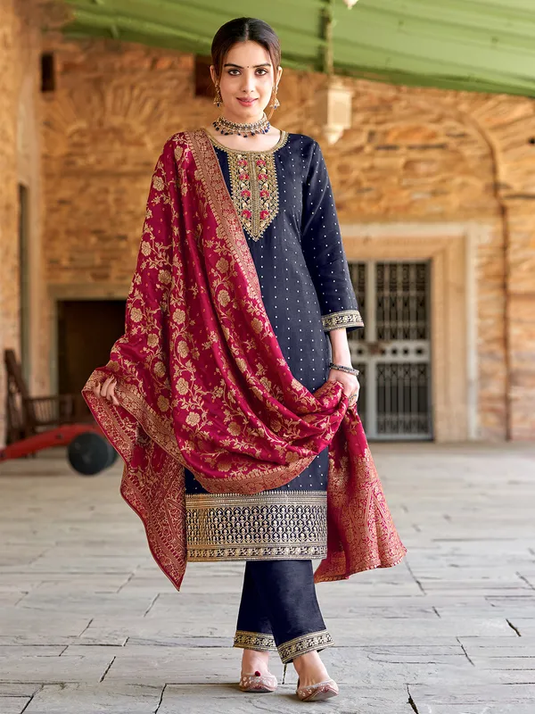 Navy silk salwar suit with contrast dupatta