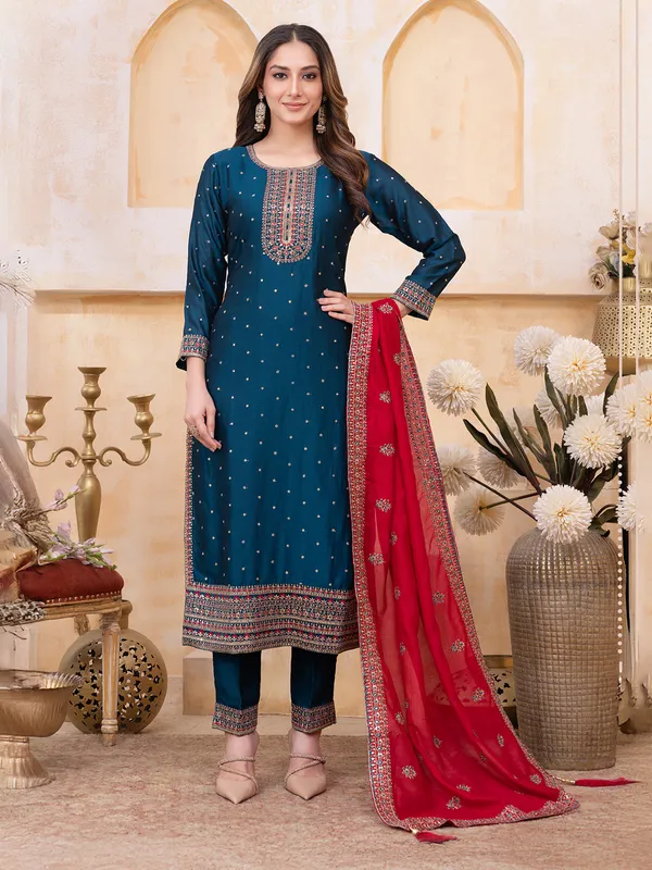 Navy silk salwar suit with contrast red dupatta