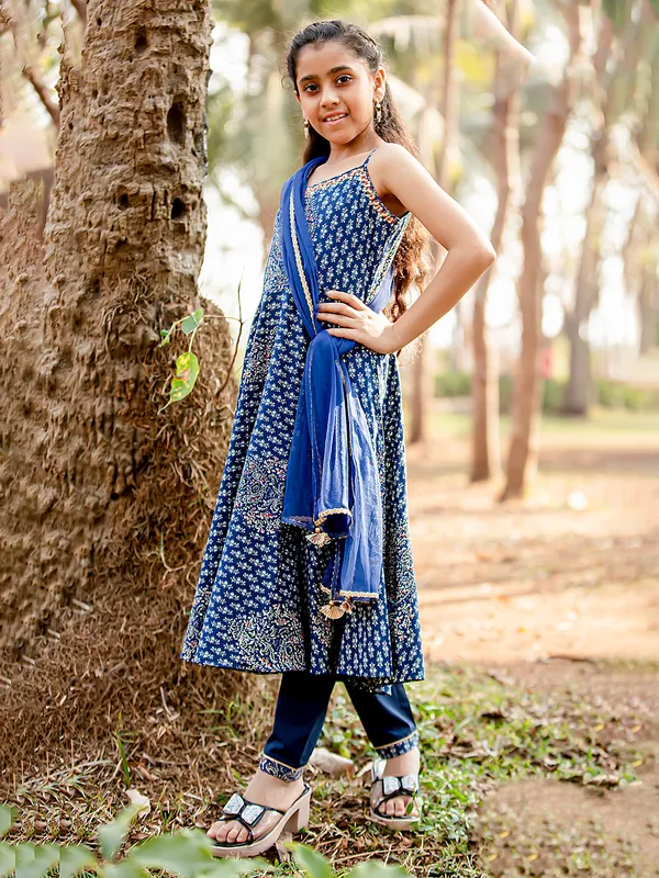 Navy silk salwar suit with printed and dupatta