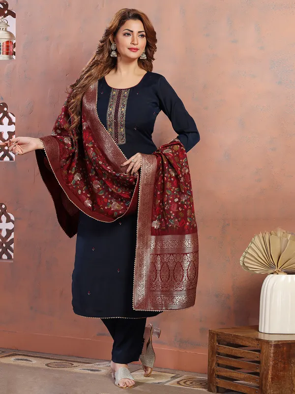 Navy silk salwar suit with printed dupatta