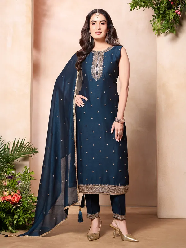 Navy silk salwar suit with resham and sequins embellishment