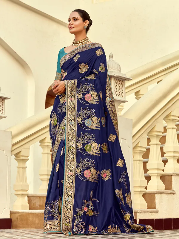 Navy silk saree for wedding with zari work