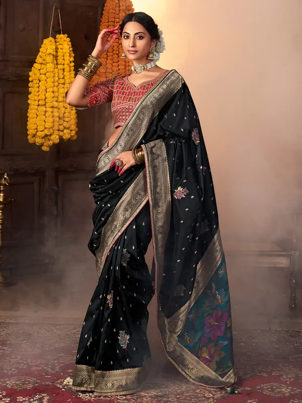 Navy silk saree with red blouse