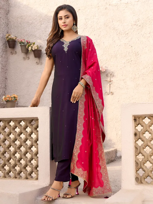Navy silk straight cut salwar suit