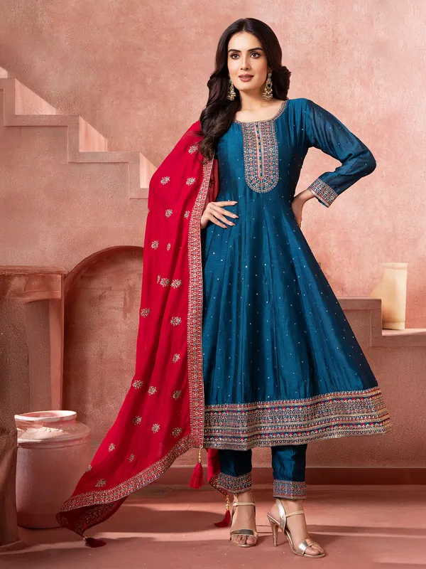 Navy silk women salwar suit with contrast red dupatta