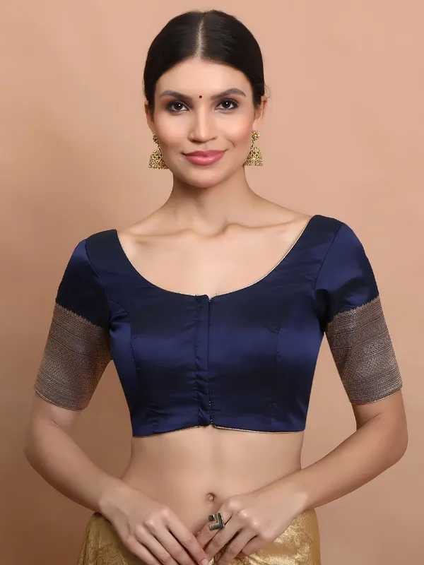 Navy silk zari weaving round neck ready made blouse