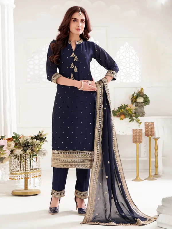 Navy straight cut silk salwar suit with dupatta