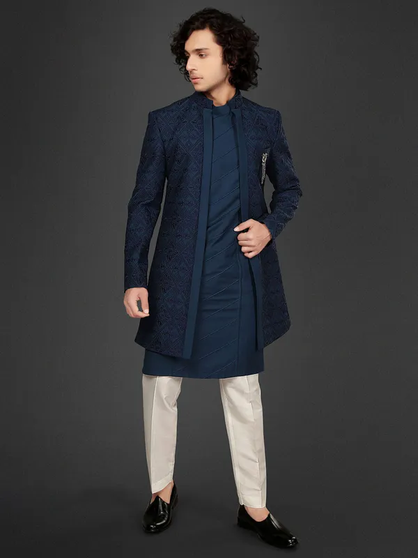 Navy cotton silk indowestern