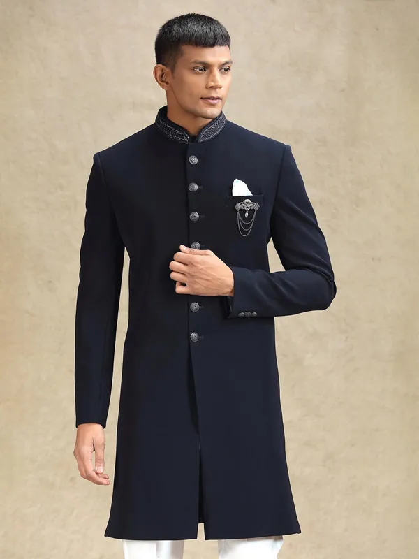 Navy subtle solid terry rayon indo western