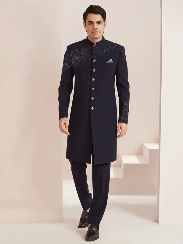 Navy terry rayon indowestern for wedding wear