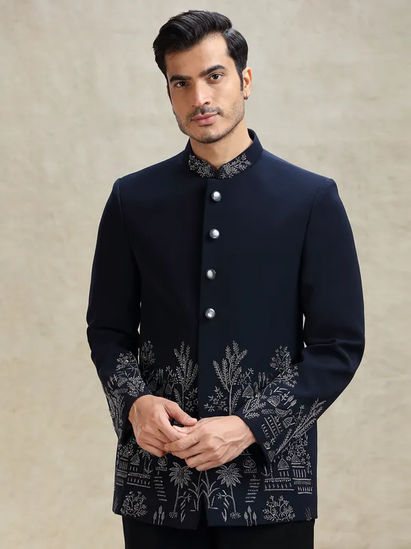 Navy terry rayon jodhpuri suit in crystal work