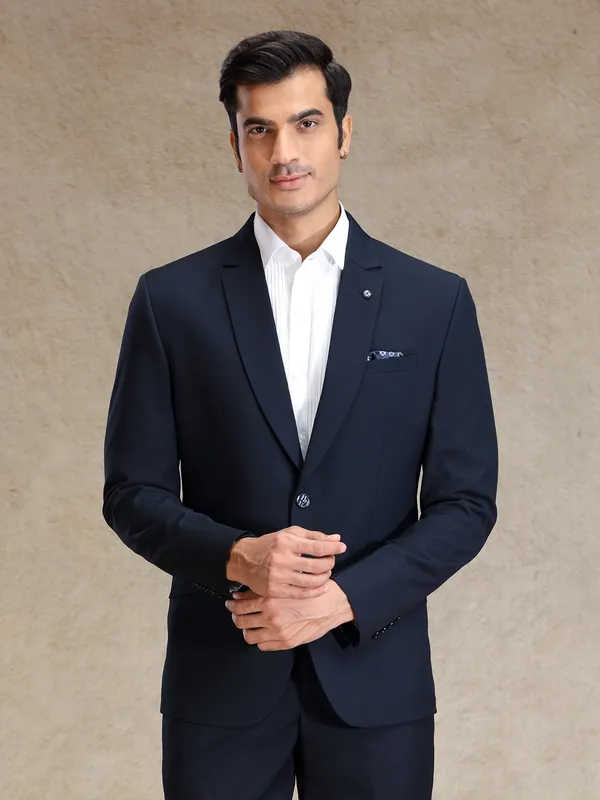 Navy terry rayon notch lapel textured blazer