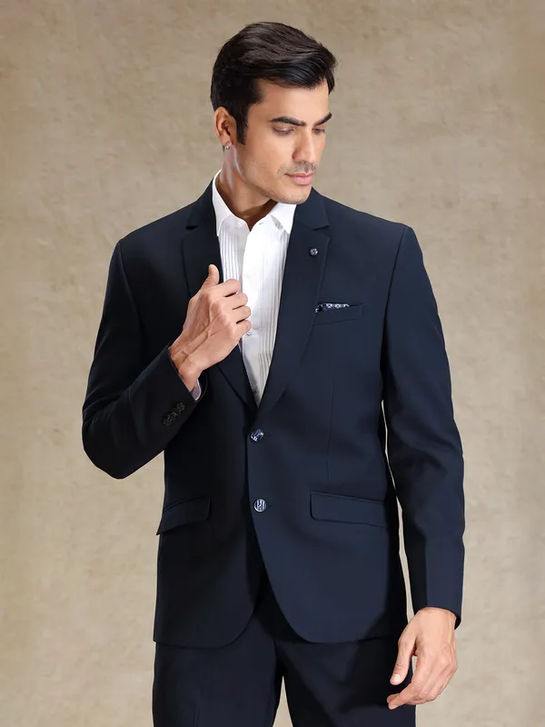 Navy terry rayon notch lapel textured coat suit