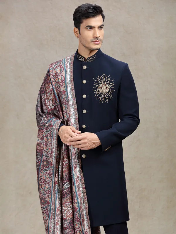 Navy terry rayon sherwani with peacock patch work