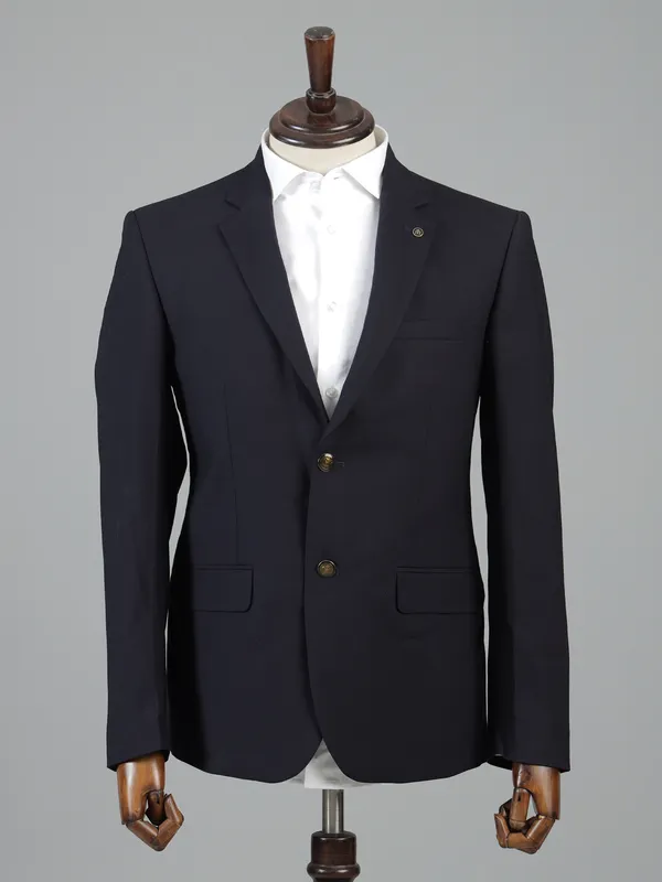 Navy terry rayon solid two button blazer for mens