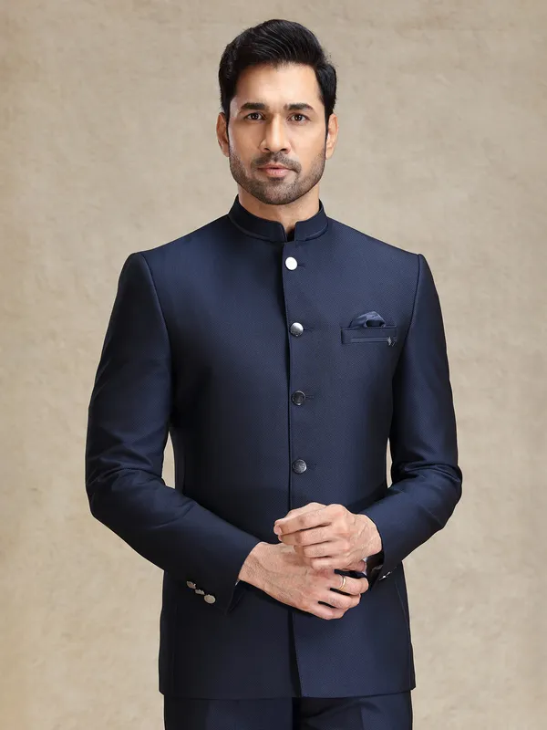 Navy textured bandh gala jodhpuri jacket suit