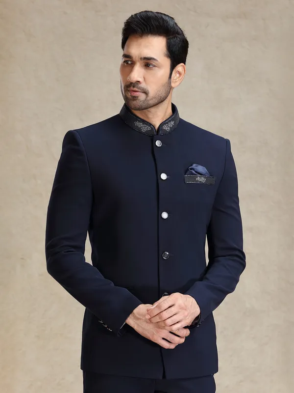 Navy textured bandh gala jodhpuri set for men