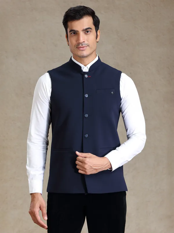 Navy textured nehru jacket for men