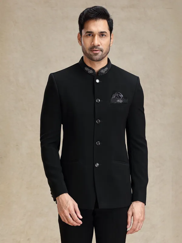 Black textured terry rayon bandhgala set