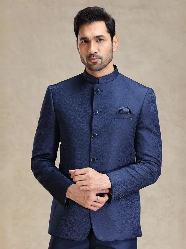 Navy textured terry rayon jodhpuri suit
