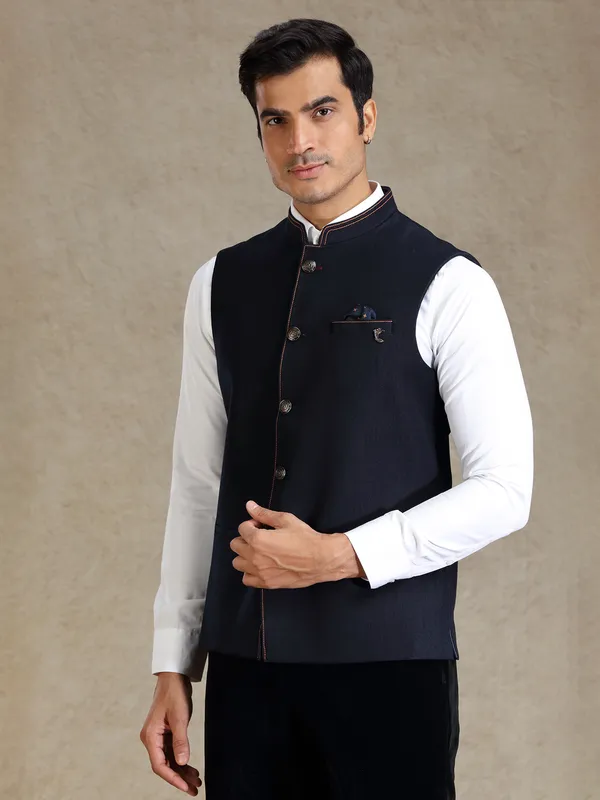 Navy textured waistcoat for men