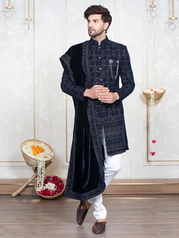 Navy velvet indowestern with dupatta