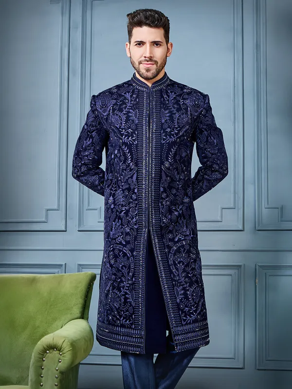 Navy velvet long indo western set for reception