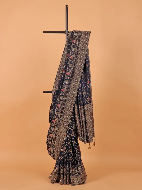 Navy wedding wear dola silk saree with zari weaving