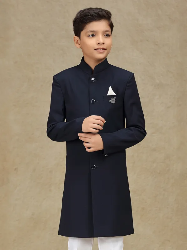 Navy wedding wear indowestern in terry rayon for boys