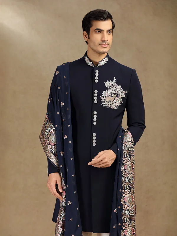Navy wedding wear terry rayon indo western with dupatta