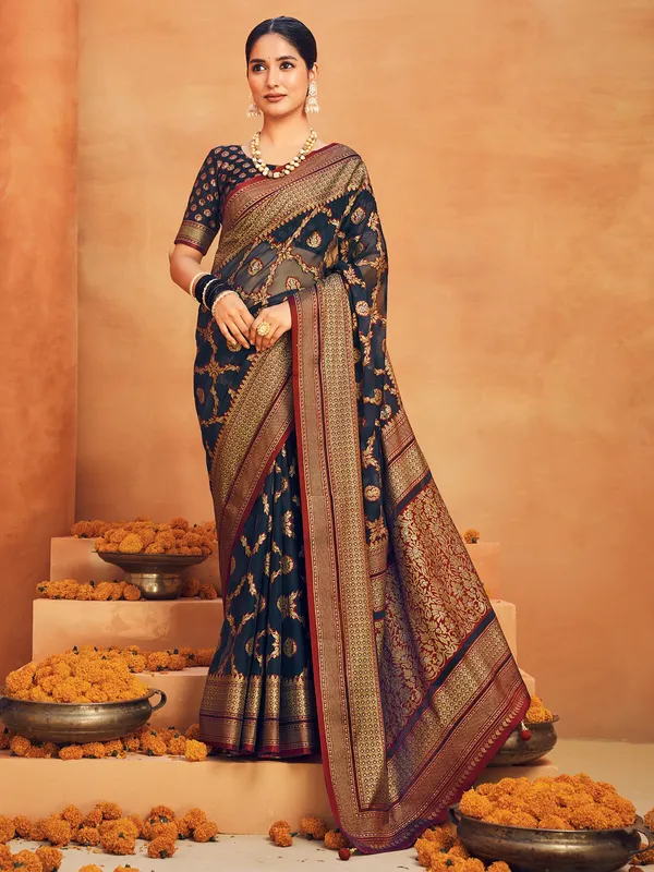 Navy zari worked georgette saree
