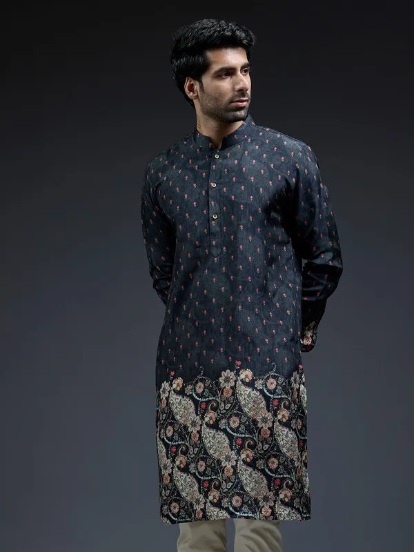 Navy zarookha printed kurta suit in silk