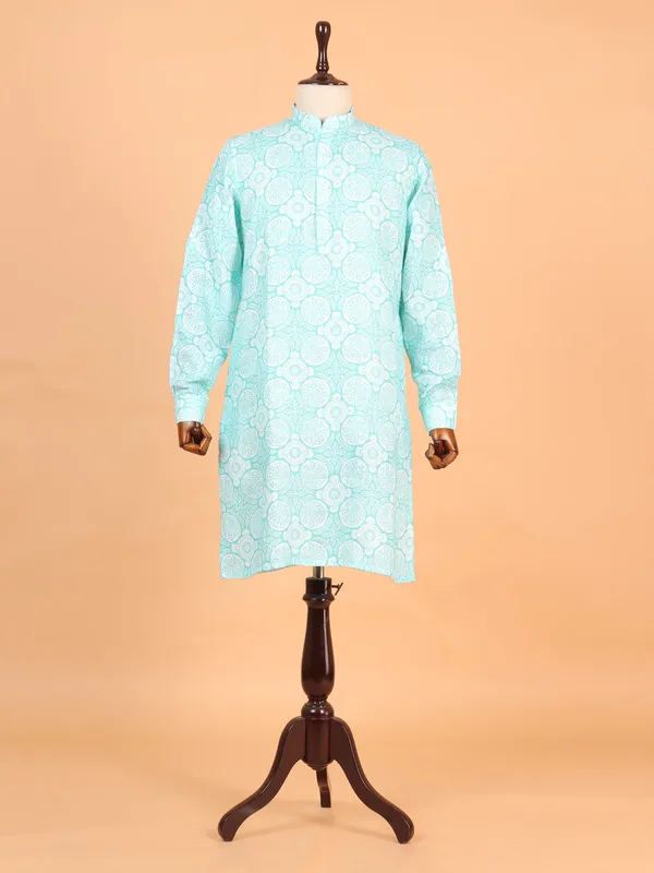 New aqua cotton floral printed kurta for men