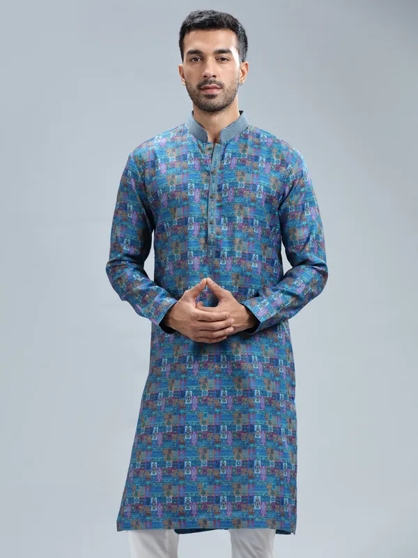 New blue silk printed kurta set for men