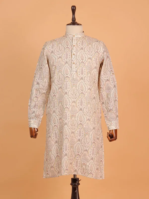 New cream cotton printed kurta for men