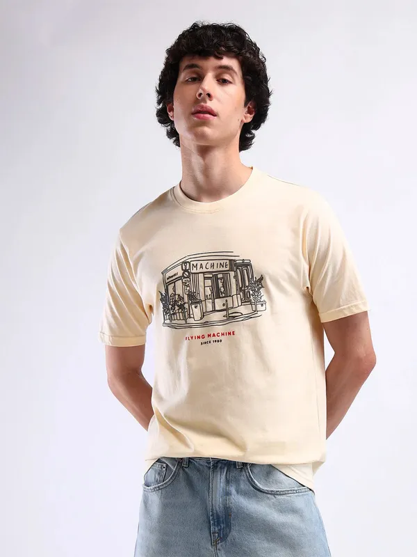 FLYING MACHINE cream printed cotton t-shirt
