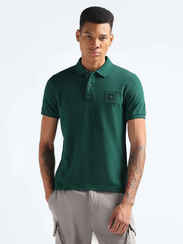 FLYING MACHINE dark green plain cotton t-shirt