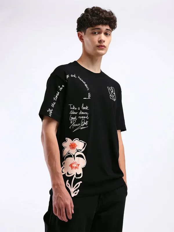 FLYING MACHINE printed black cotton casual t-shirt