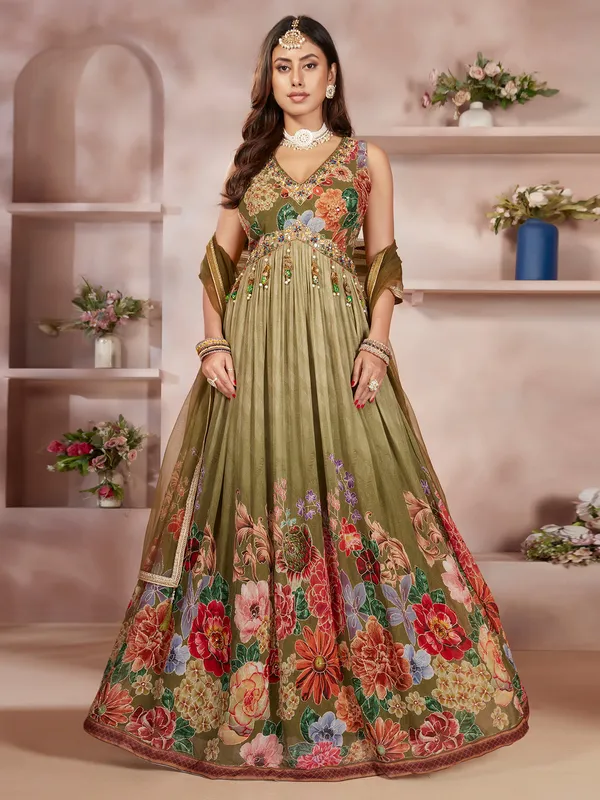 Latest printed olive silk anarkali suit