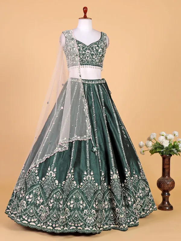 Trendy bottle green raw silk lehenga choli with dupatta