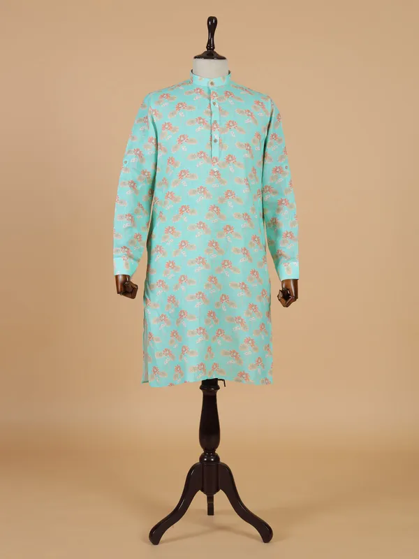 Newest aqua blue printed cotton kurta set for men