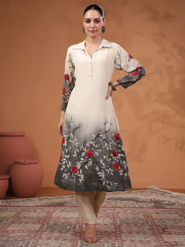 Newest beige and grey printed silk kurti set